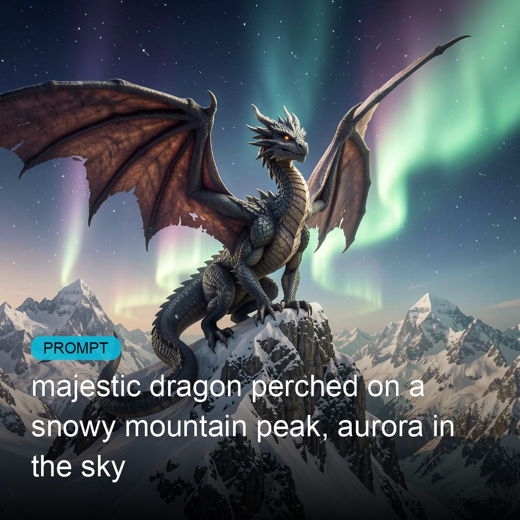 Dragon on a snowy mountain peak with aurora