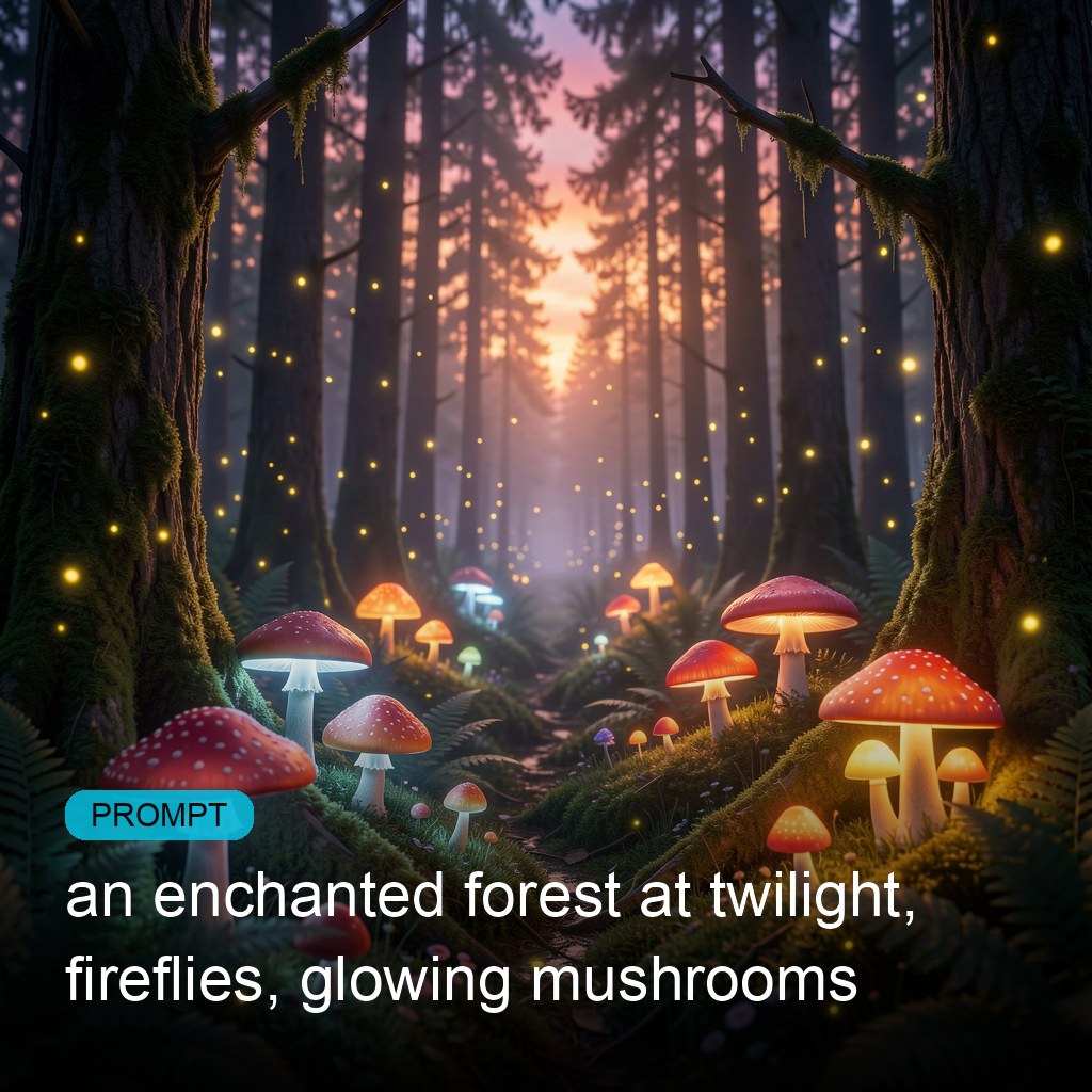 Enchanted forest at twilight with fireflies and glowing mushrooms